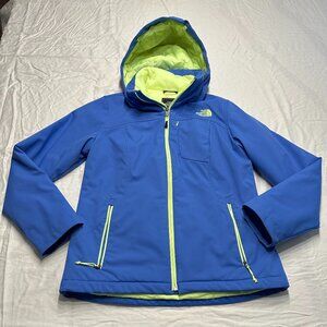 North Face Women’s Blue Softshell Jacket – Neon Accents, Hooded, Water Resistant